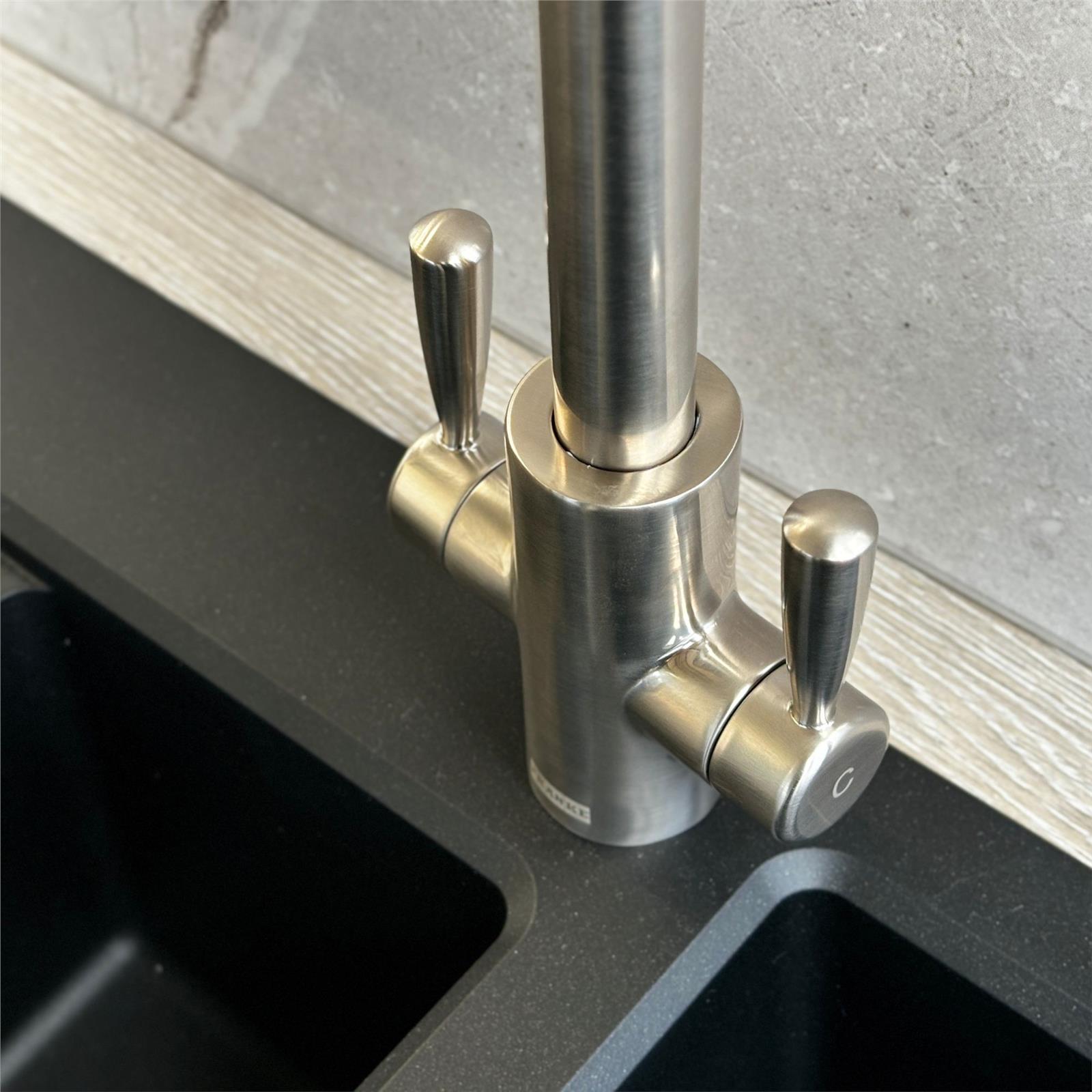 Franke Ascona Swan Neck Swivel Spout Twin Lever Silk Steel Mixer Kitchen Tap